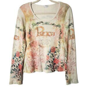 Vintage Lapis Y2K Peace Floral Graphic Thermal Waffle Knit Long Sleeve Top Large